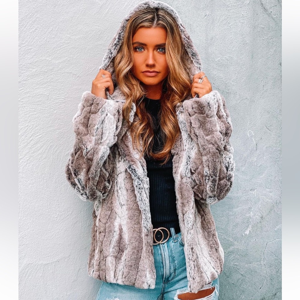Gray faux fur hooded jacket